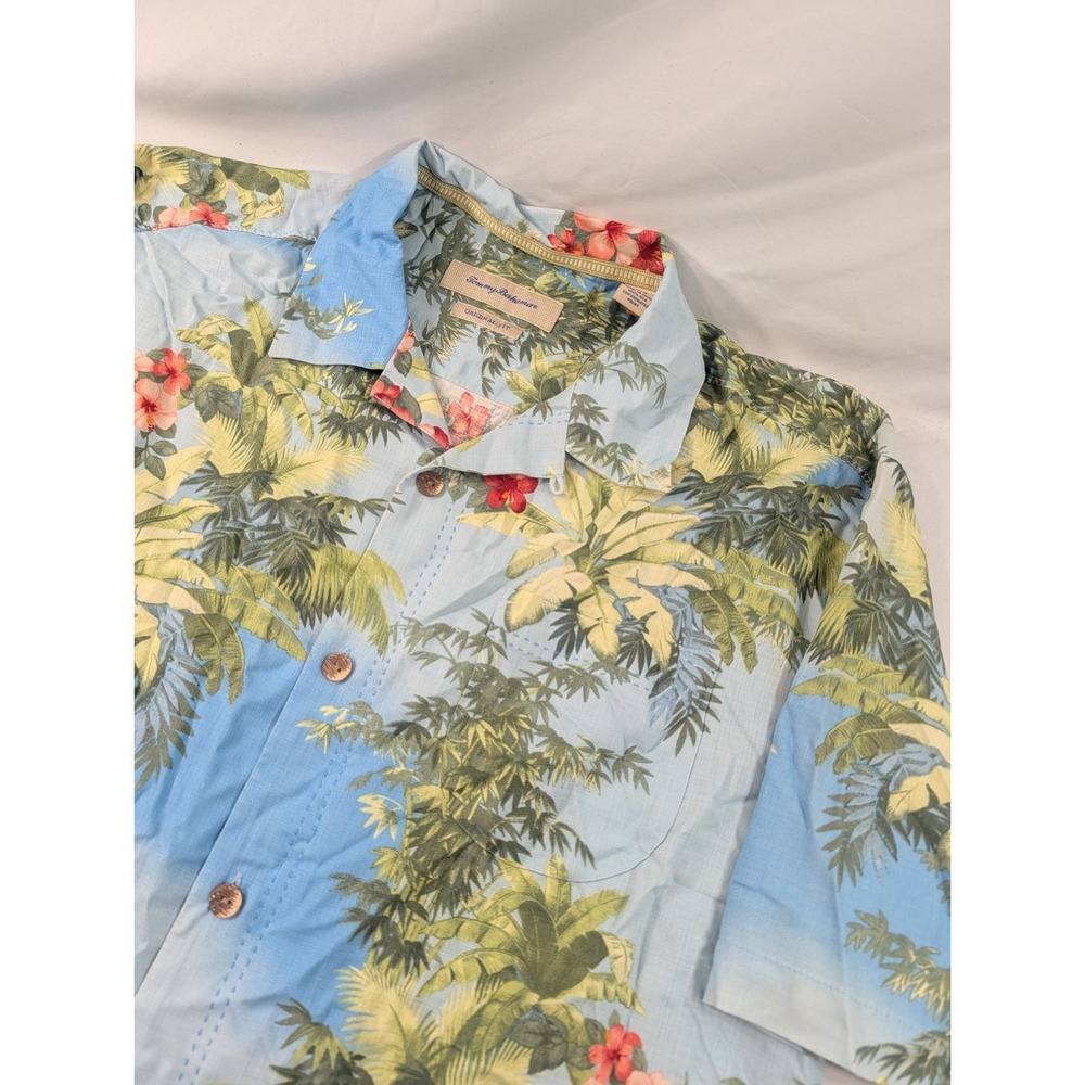 Tommy Bahama 100% Silk Blue Floral Hawaiian Camp Shirt Men's Large Floral Exc